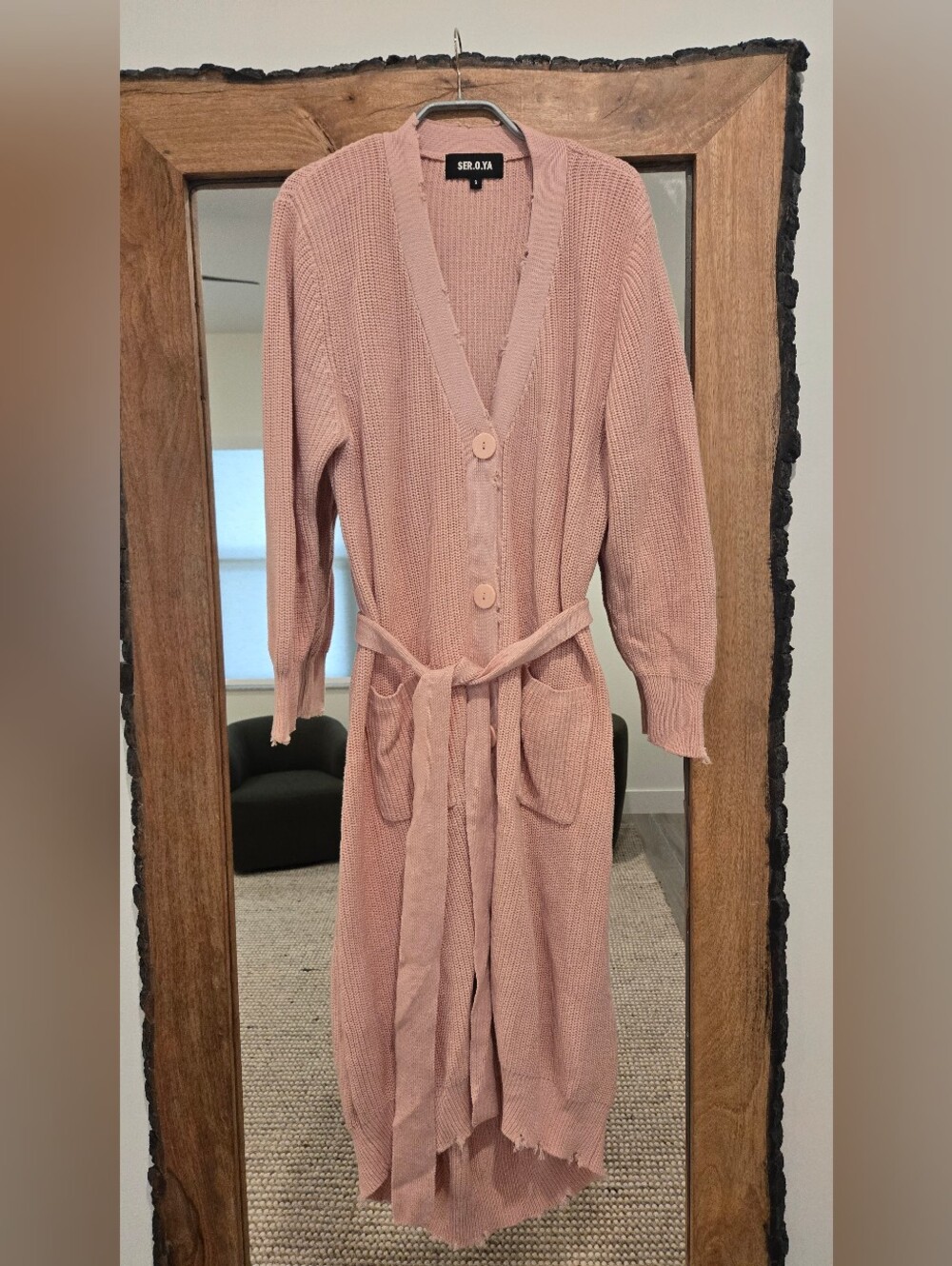 SER.O.YA Pink Distressed Knit Maxi Cardigan Duster S NWOT